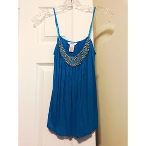 Blue Tank with Beaded Neckline